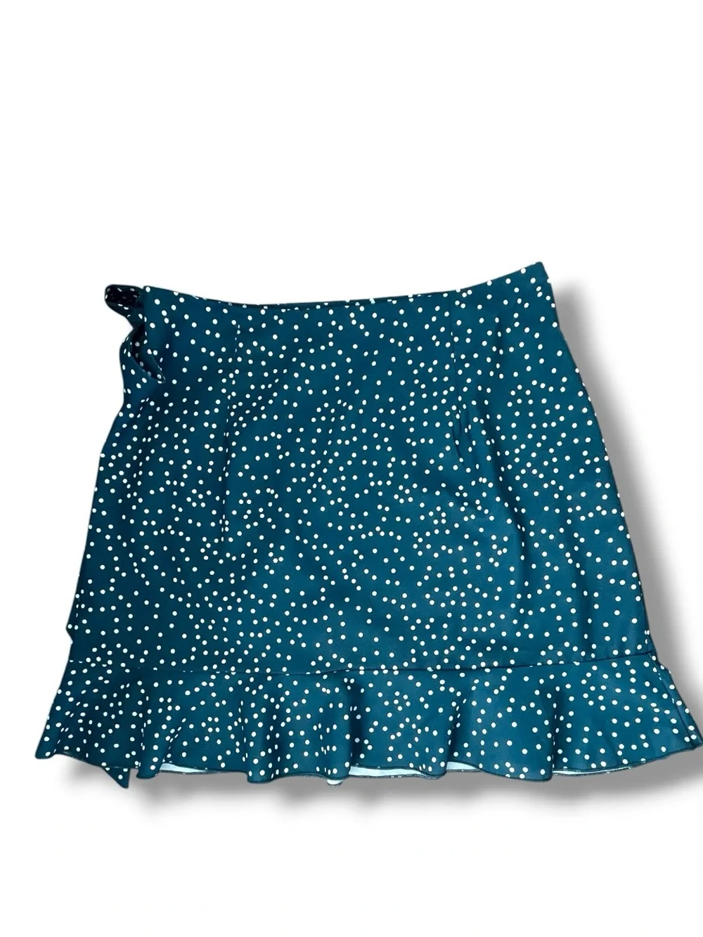 Teal Polka Dot Wrap Mini Skirt Ruffle Hem Coquette Y2K Feminine Cottagecore